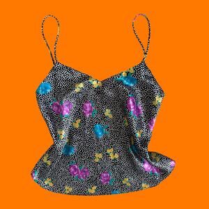 90's vintage polka dot floral satin cami tank top XS S